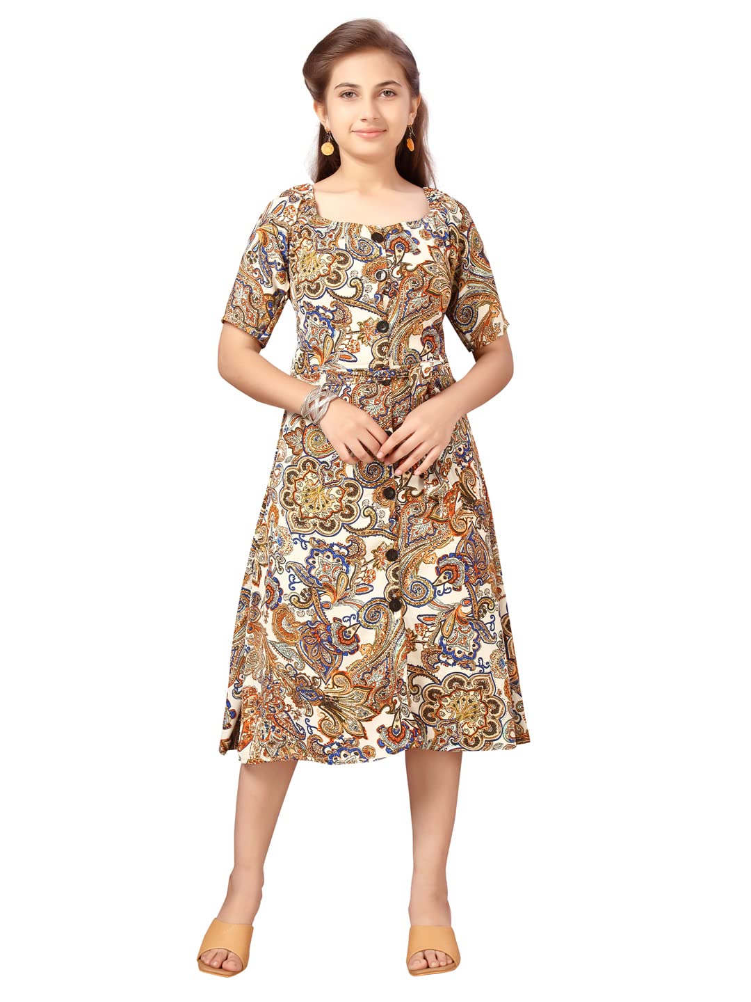Aarika Girl's Cotton Blend Fit and Flare Below The Knee Dress (MD-A-22526_Fawn_38)