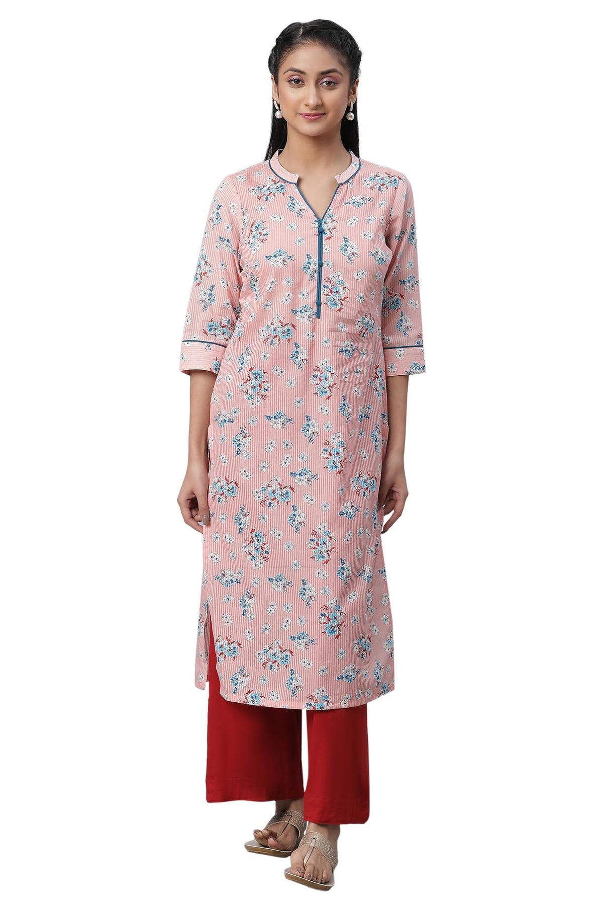 Aurelia Peach Floral Printed Printed Cotton Straight Long Kurta