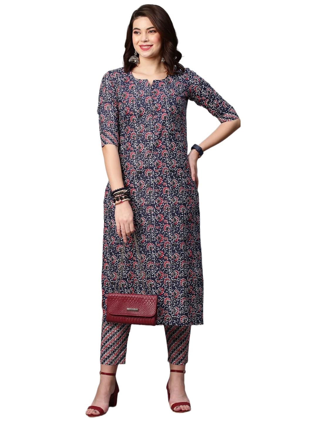 GoSriKi Women's Cotton Blend Traditional Straight Printed Kurta and Palazzo Set
