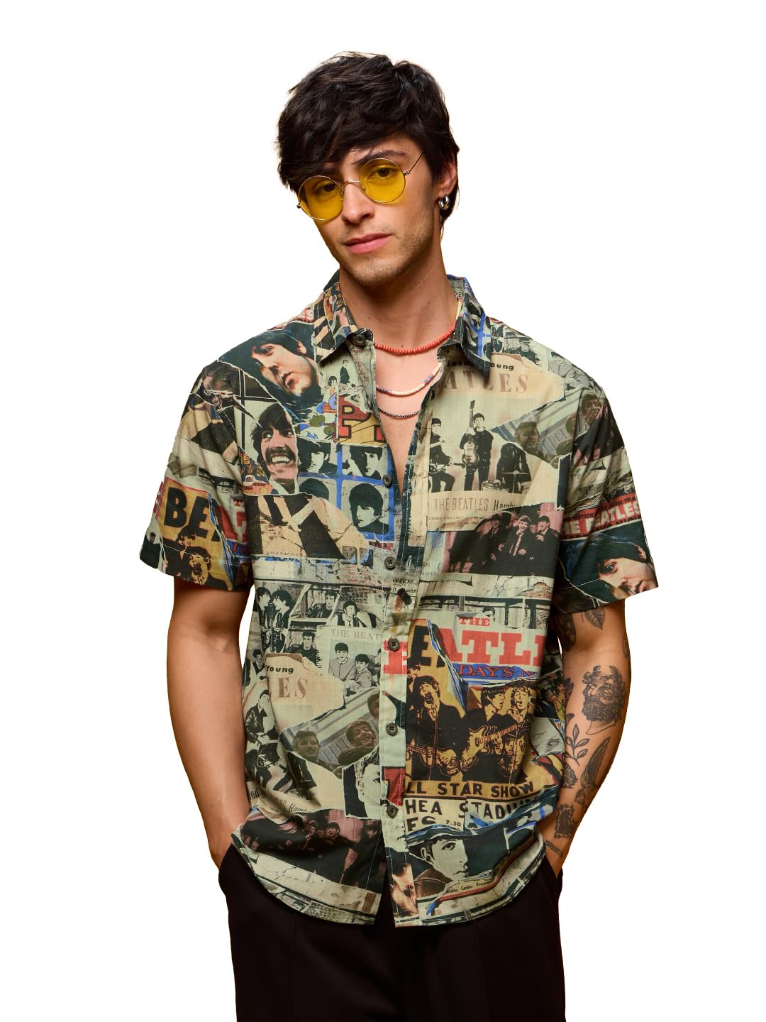 The Souled Store Official The Beatles: Through The Years Mens and Boys Short Sleeves Collared Neck Button Front Multicolor All O