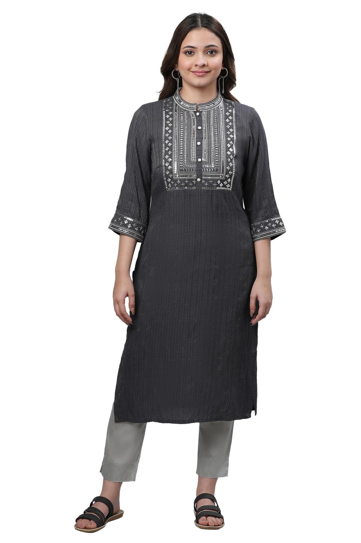 Aurelia WomenS Grey Embellished Lurex Stripes Kurta