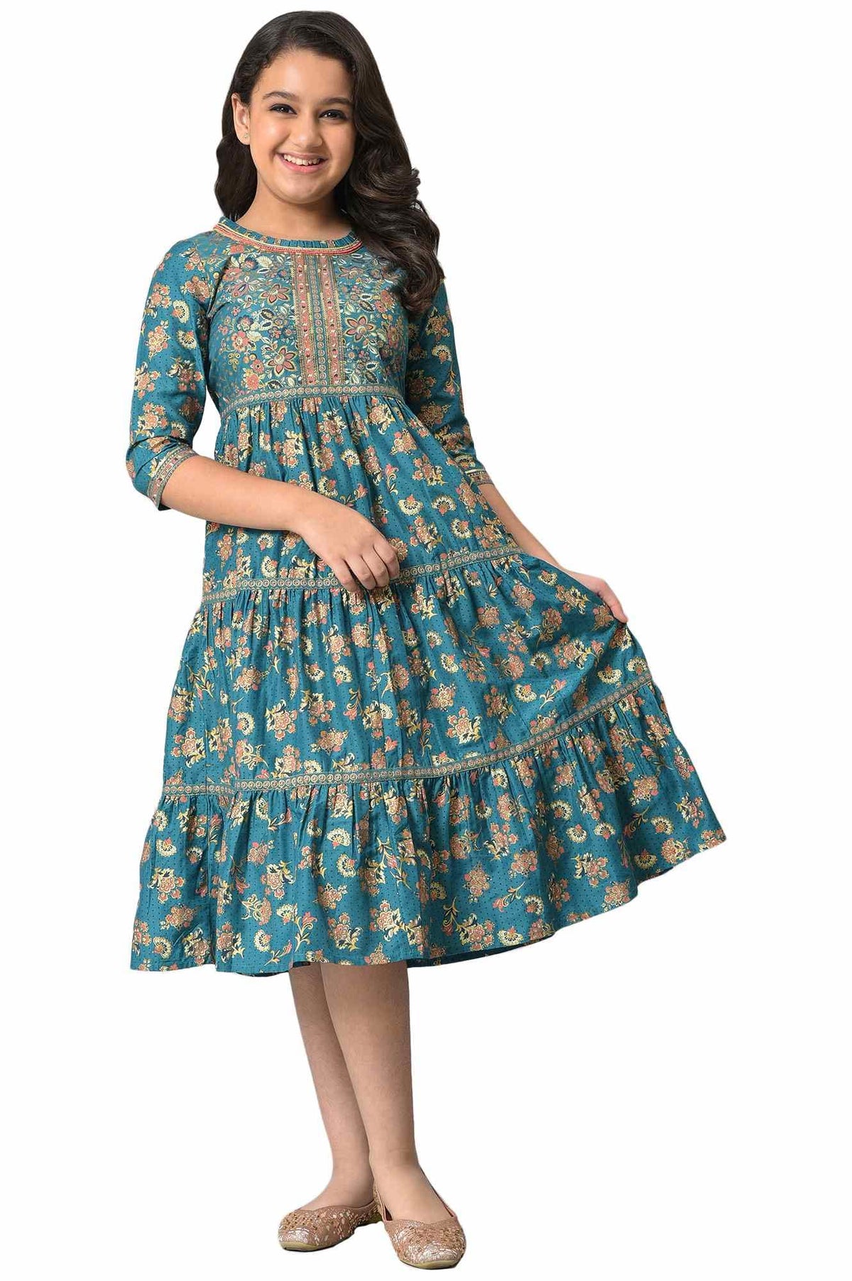 Aurelia Girls Polyester Fit and Flare Knee-Length Casual Dress (22AUG10278A-505737_Green