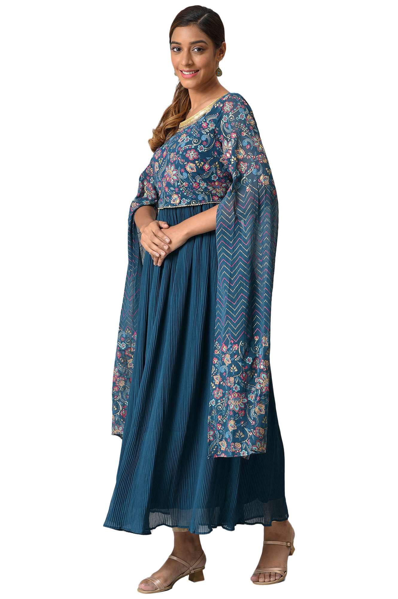 Aurelia Blue Foil Print Regular Kurta for Women