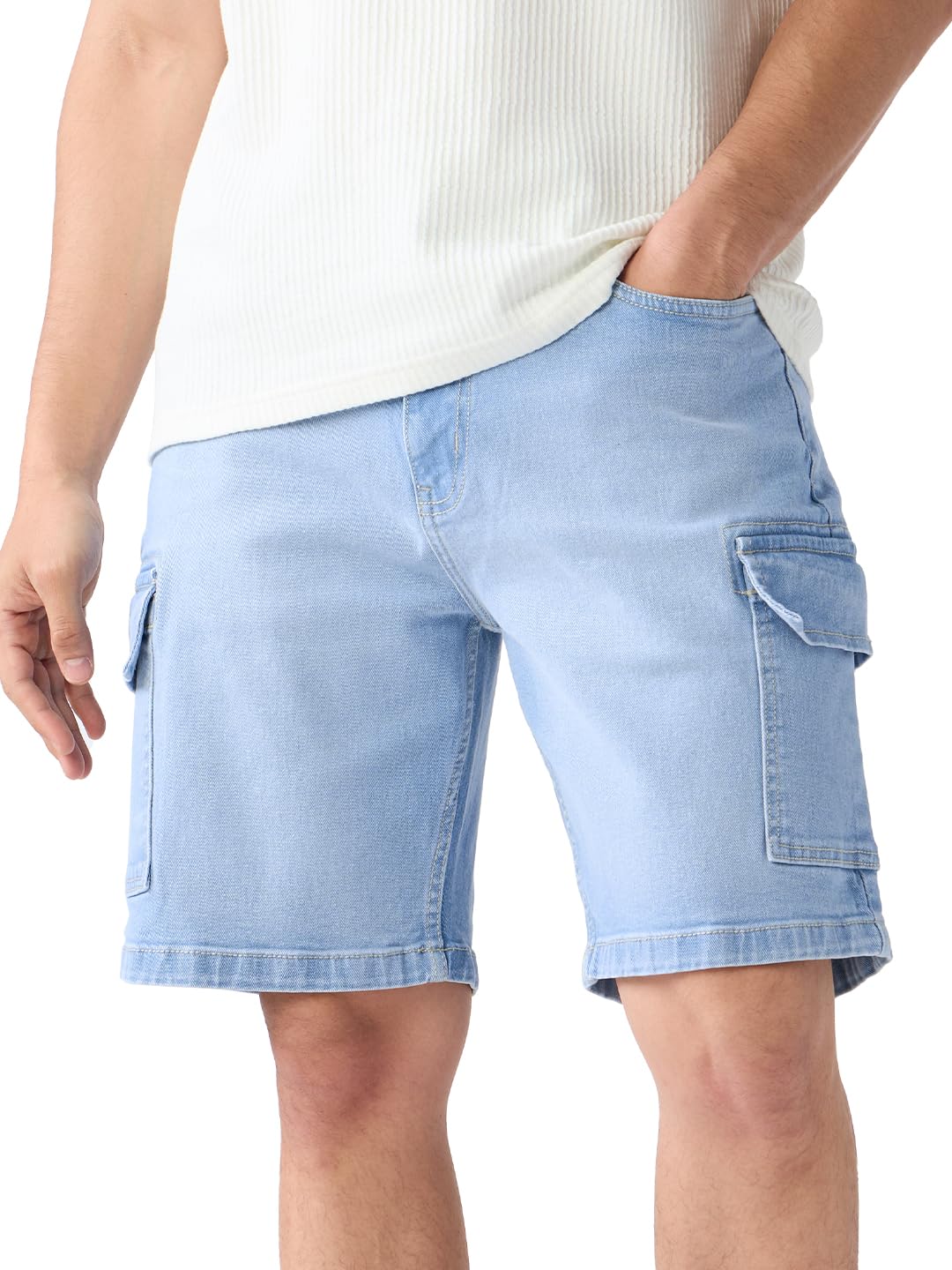 The Souled Store Denim Shorts: Aero Blue Men and Boys Buttoned Knee Length Cotton Blend Regular Fit Denim Shorts