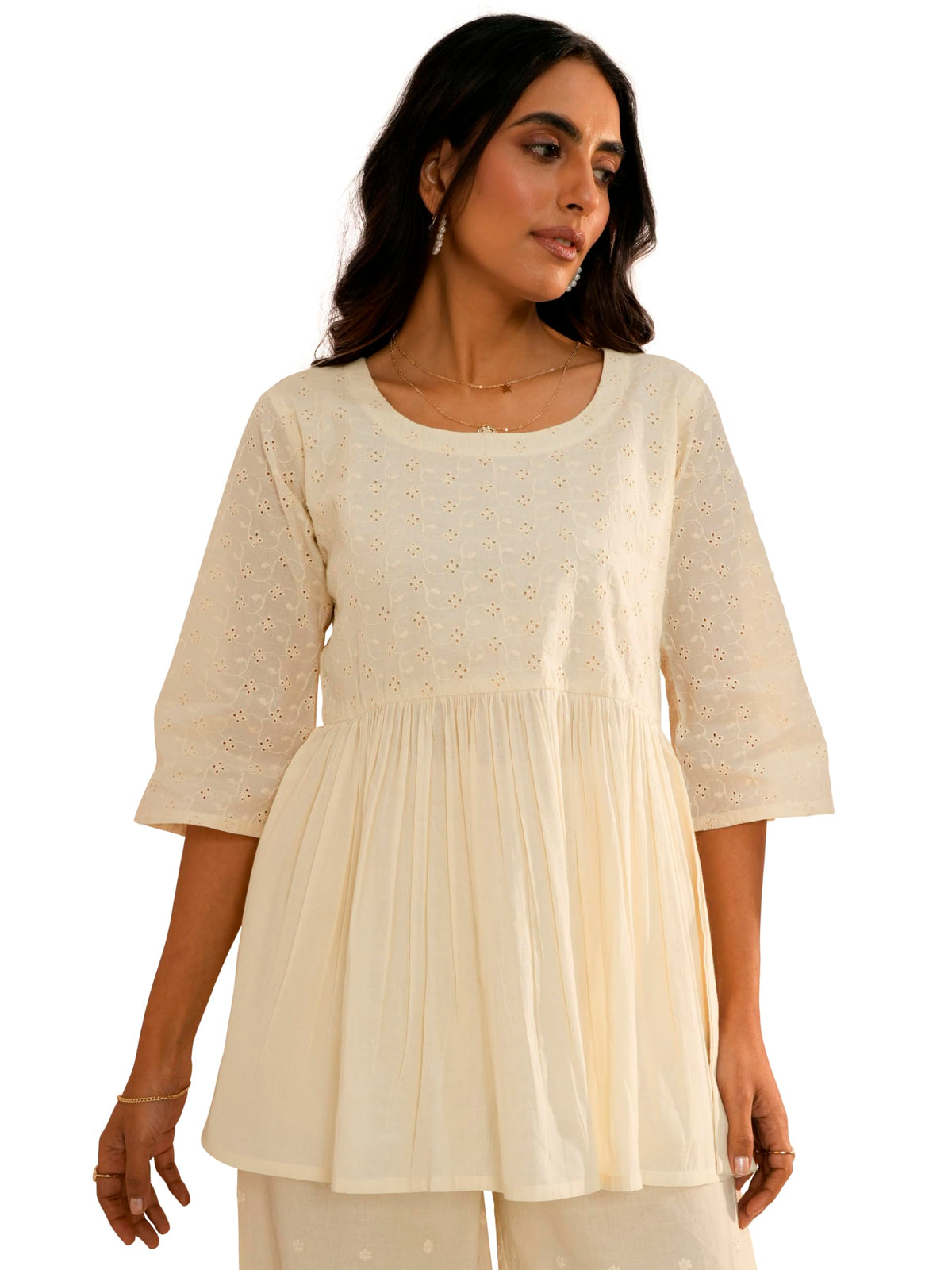 Libas WomenS Pure Cotton Embroidered A-Line Kurtis (29092_Off White
