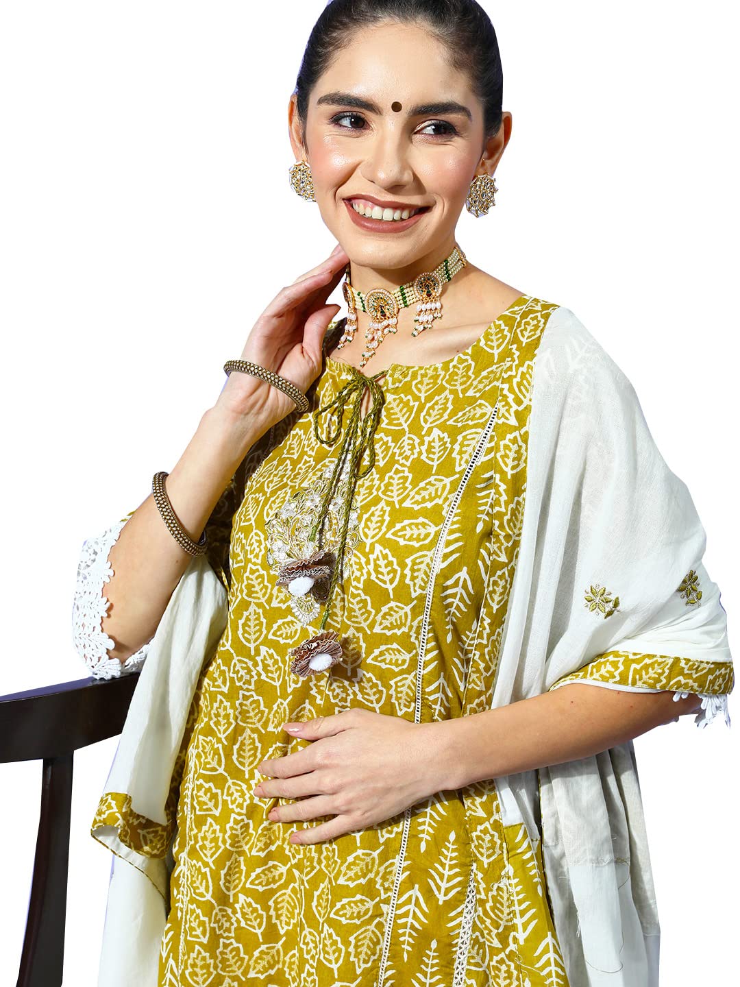 ishin Women's Cotton Olive & Off White Embroidered A-Line Kurta set With Trouser and Dupatta