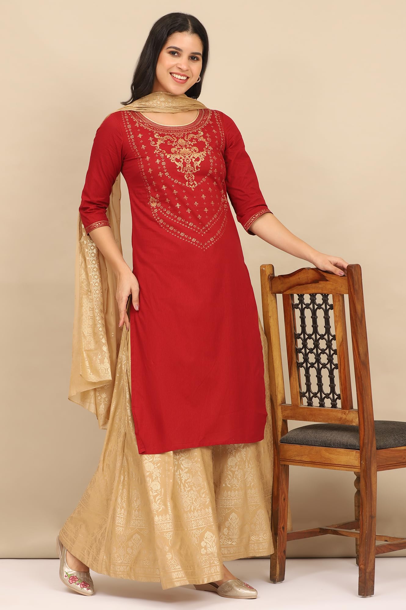 Aurelia Women's Blue Foil Printed Yoke Pure Cotton Straight Kurta, Skirt and Dupatta Set