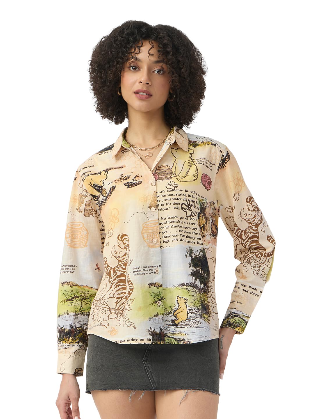 The Souled Store Winnie The Pooh: Wonderland Women and Girls Long Sleeves Collared Neck Button Front Beige Printed Regular Fit C
