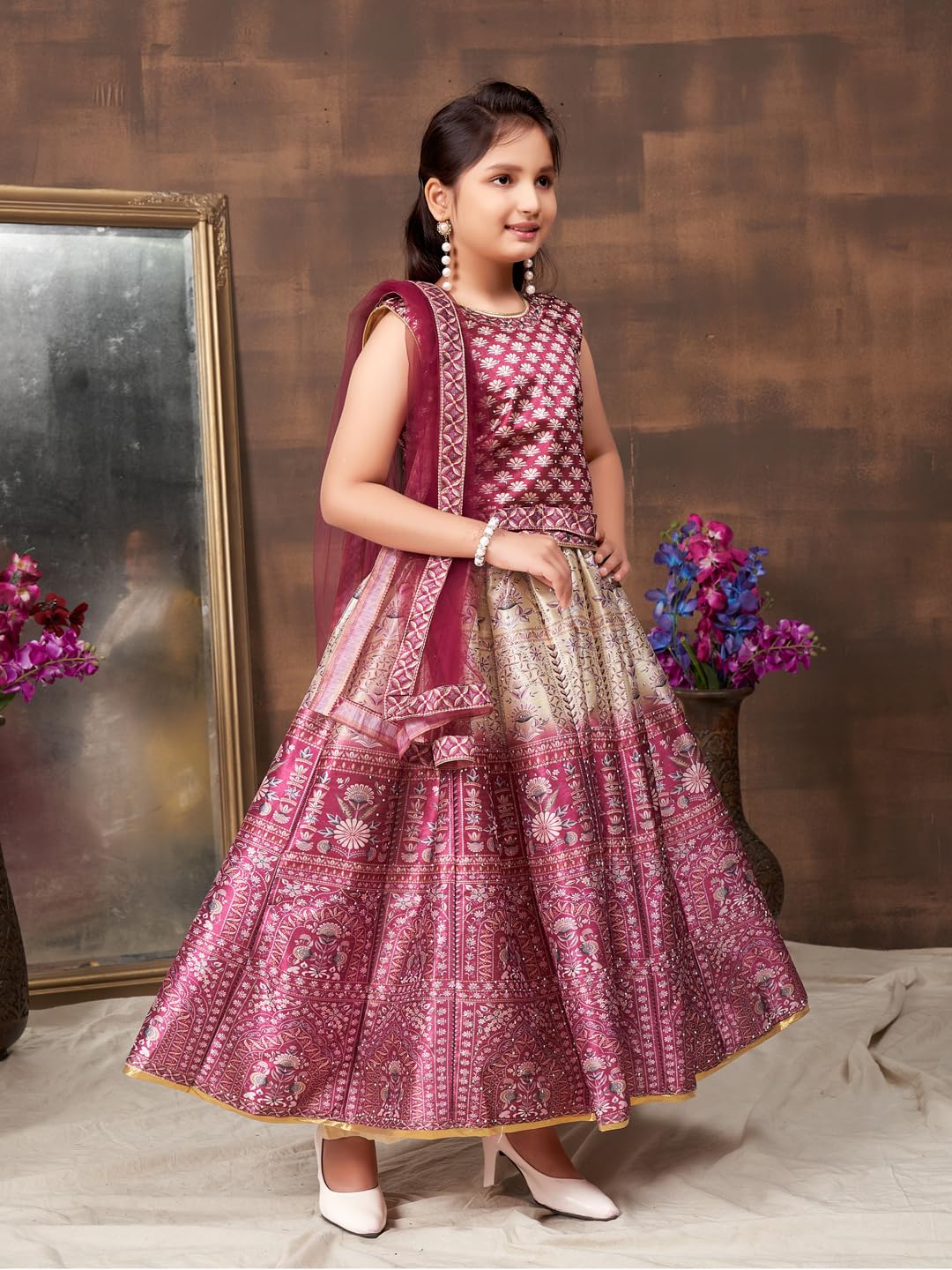 Aarika Girls Ethnic Wear Wine Colour Floral Print Embellished Stone Silk Lehenga Choli Set (5-11 Years)