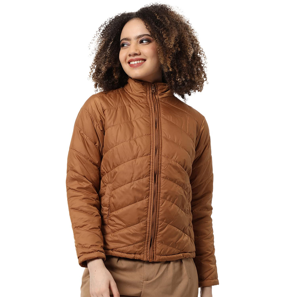 Campus Sutra Women Brown Puffer Regular Fit Bomber Jacket For Winter Wear | Standing Collar | Full Sleeve | Zipper | Casual Jack