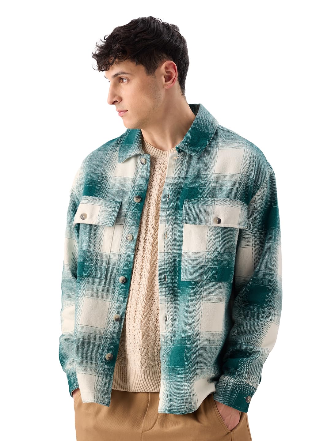 The Souled Store Plaid : Light Emerald and White Men and Boys Long Sleeve Collared Neck Button Front Cotton Oversized Fit Flanne