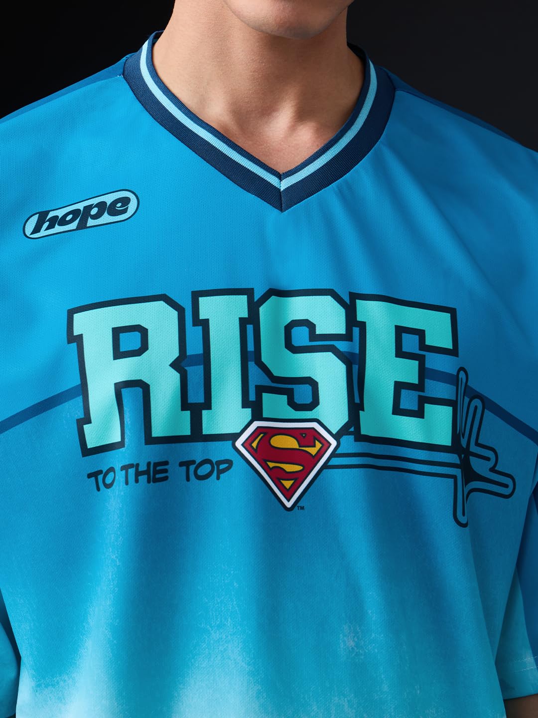 The Souled Store Superman: Rise to The Top Men and Boys Elbow Sleeves V-Neck Blue Graphic Printed Polyester Breathable Lightweig