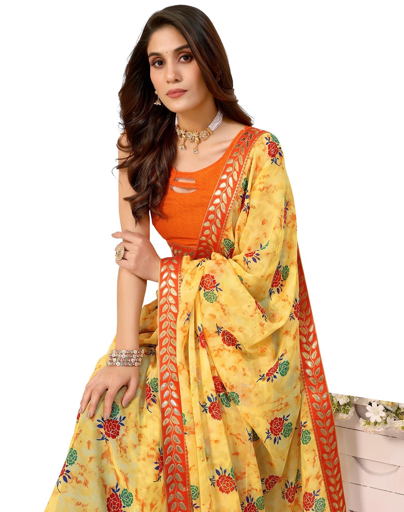 Yashika Womens Georgette Saree with Lace and Blouse, Yellow 01, One size