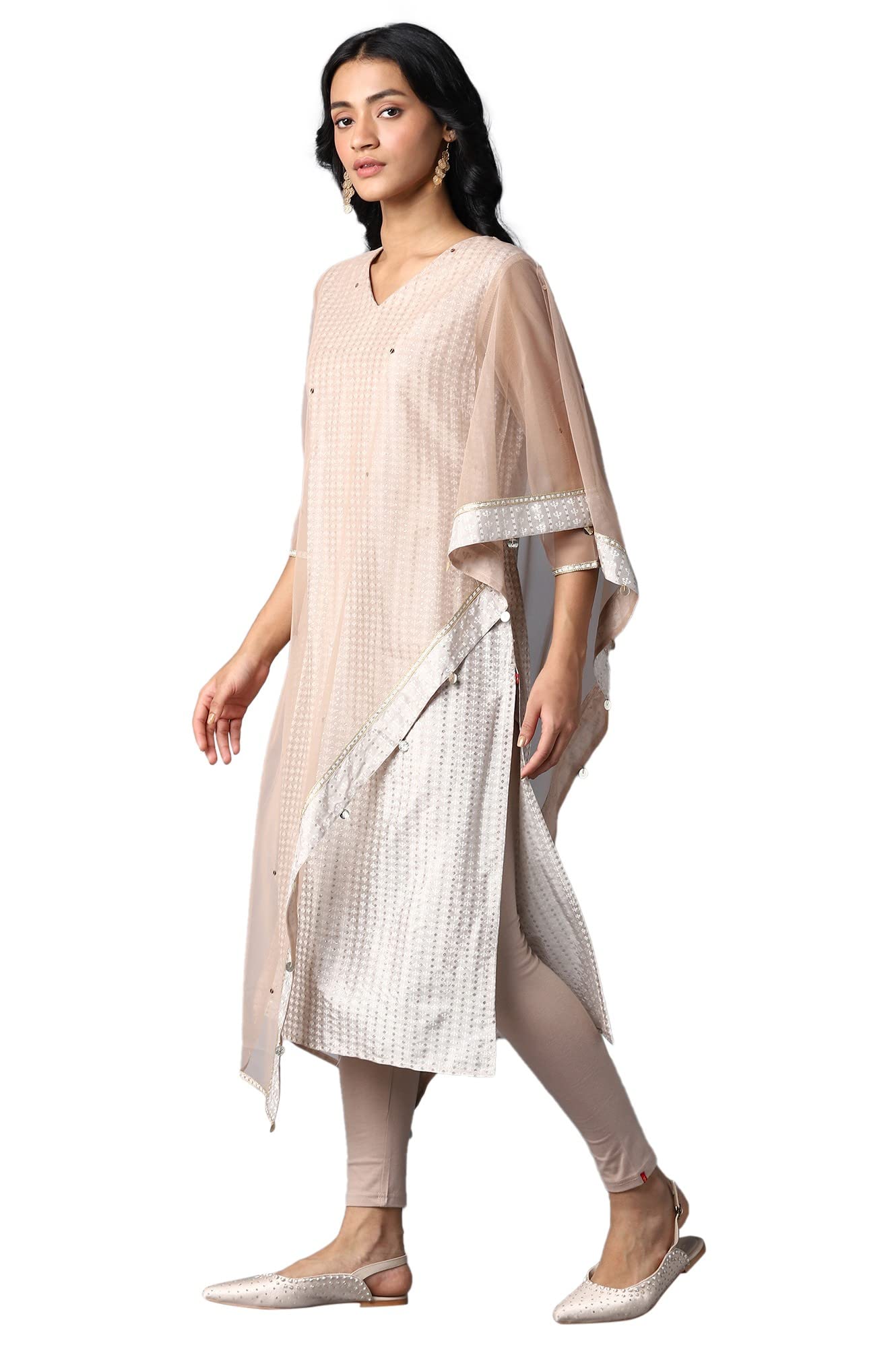W Light Grey Geometric Printed Glitter WomenS Kurta Leggings Set