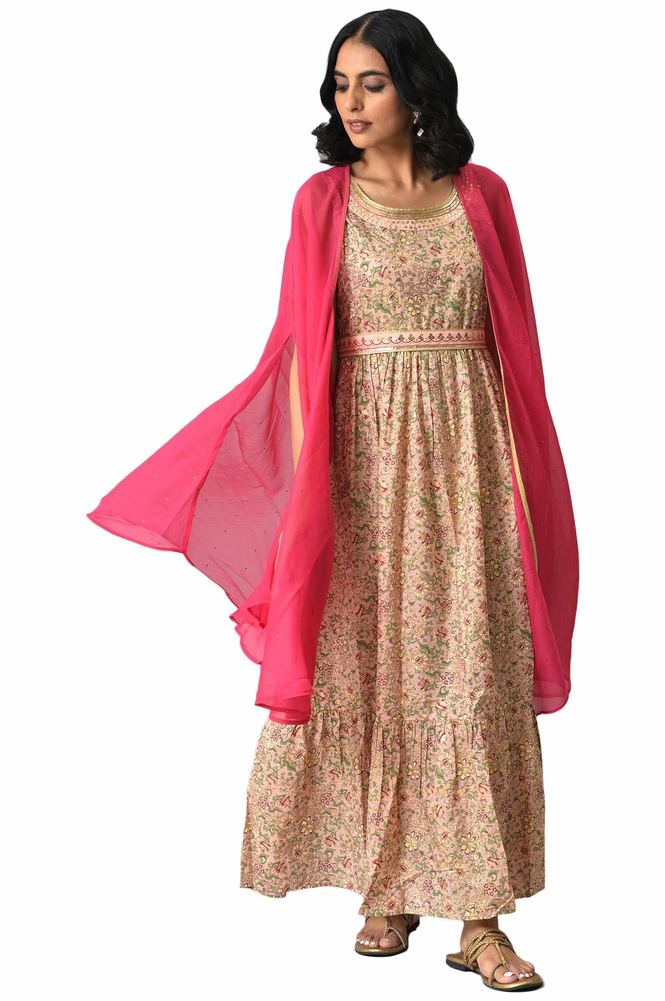 Aurelia Women Pink Printed Flared Inner Dress And Gilet Set_22Auas12657-506125_L