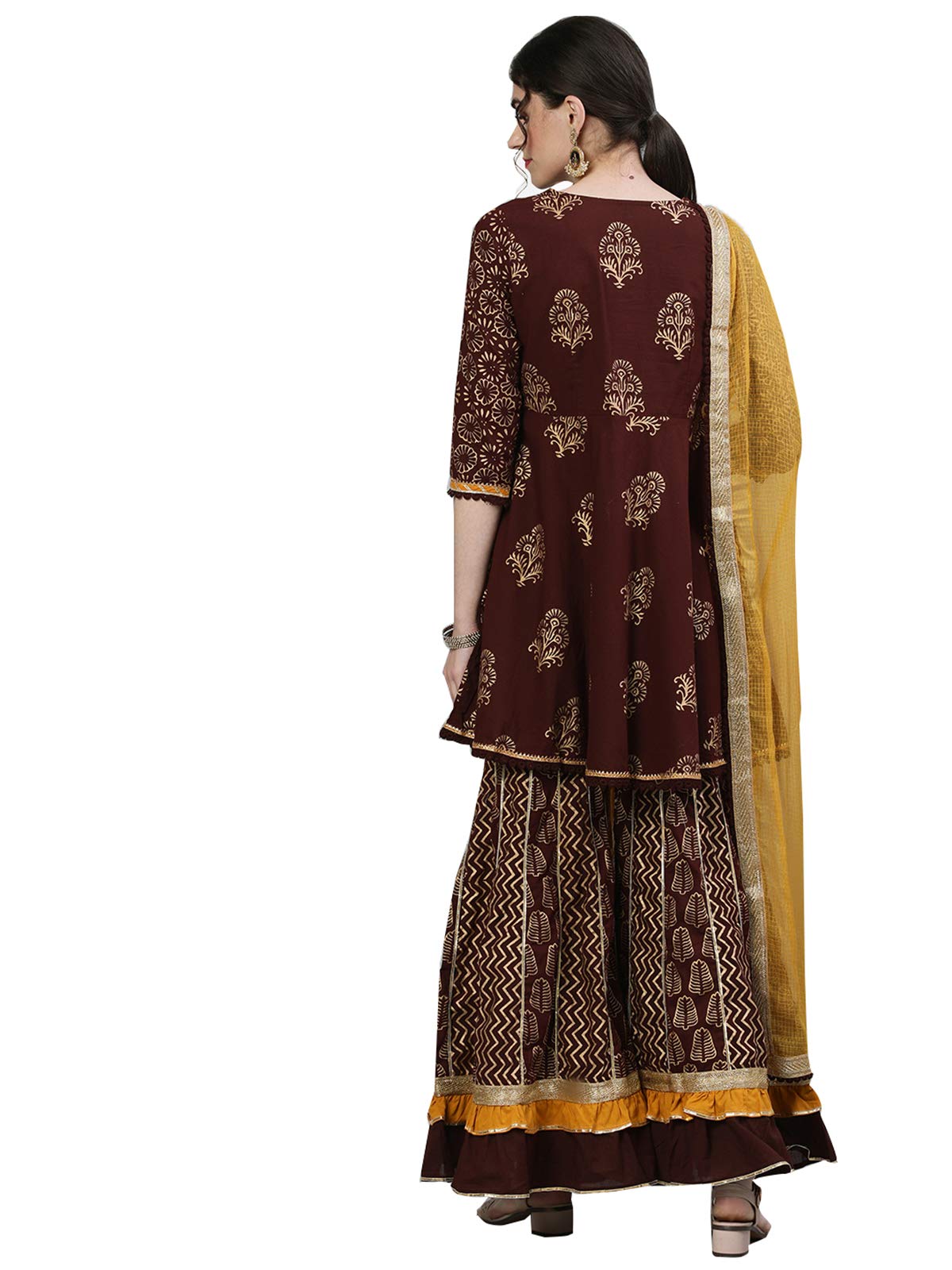 ishin Women's Cotton Brown Embellished Peplum Kurta Sharara Dupatta Set