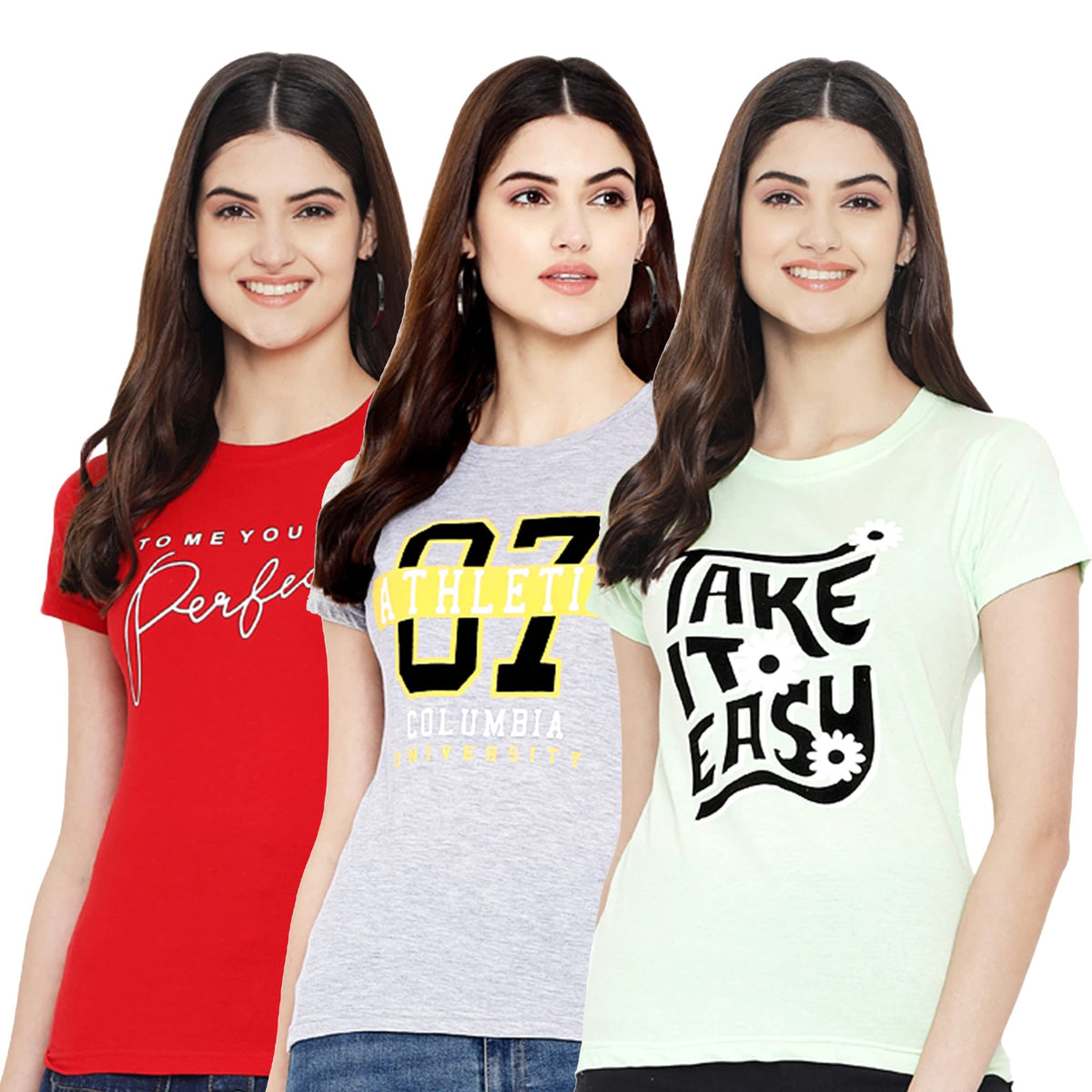 Preneum Womens Cotton Regular Fit Latest Graphic Stylish Printed Short Sleeves Casual T-Shirt || Trends & Stylish (Pack 3), Gre