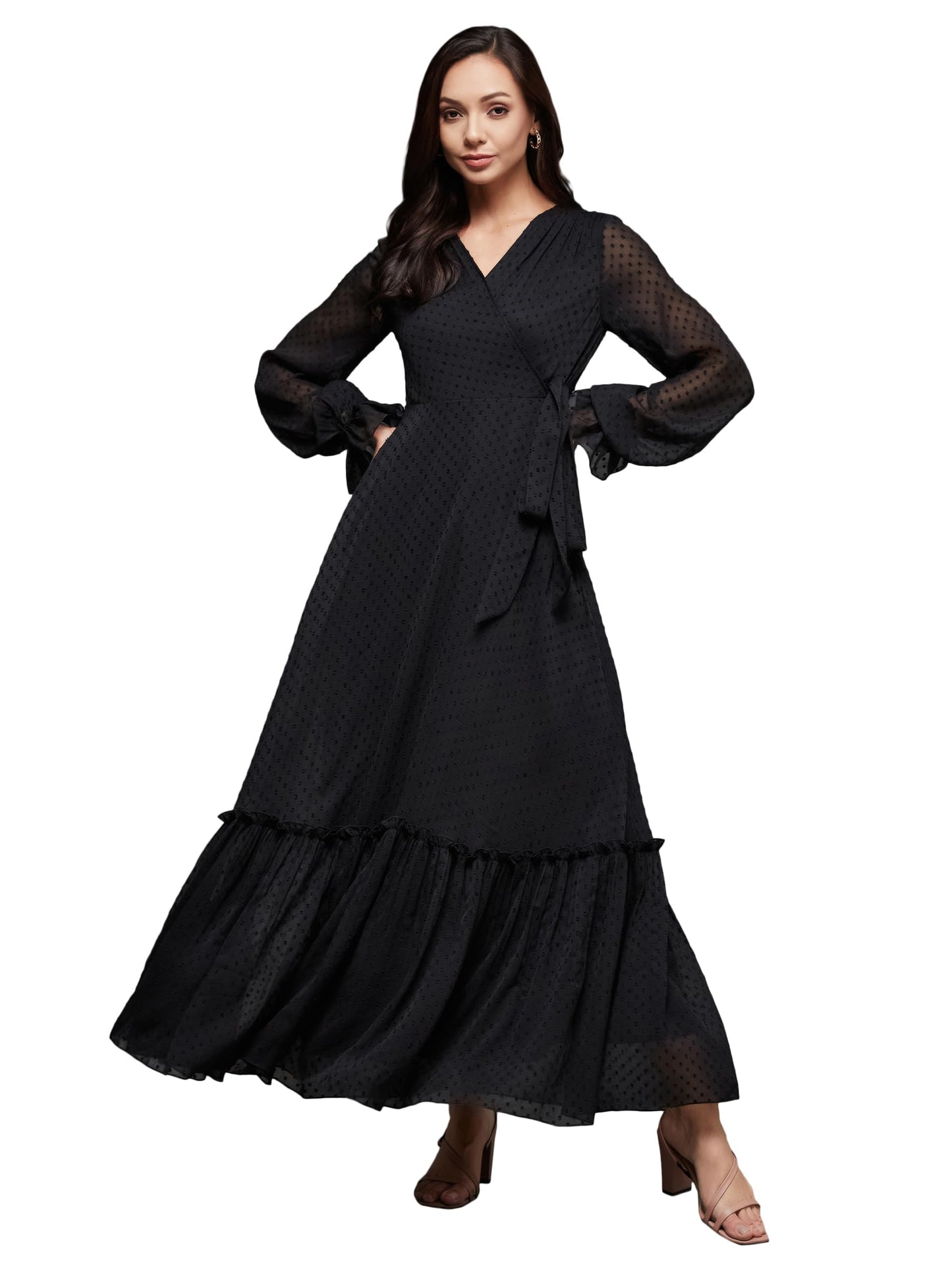 Miss Chase WomenS Self Design V-Neck Bishop Sleeves Chiffon Wrap Maxi Dress (Mcaw25D84-68-382-06, Onyx Black, Xl)