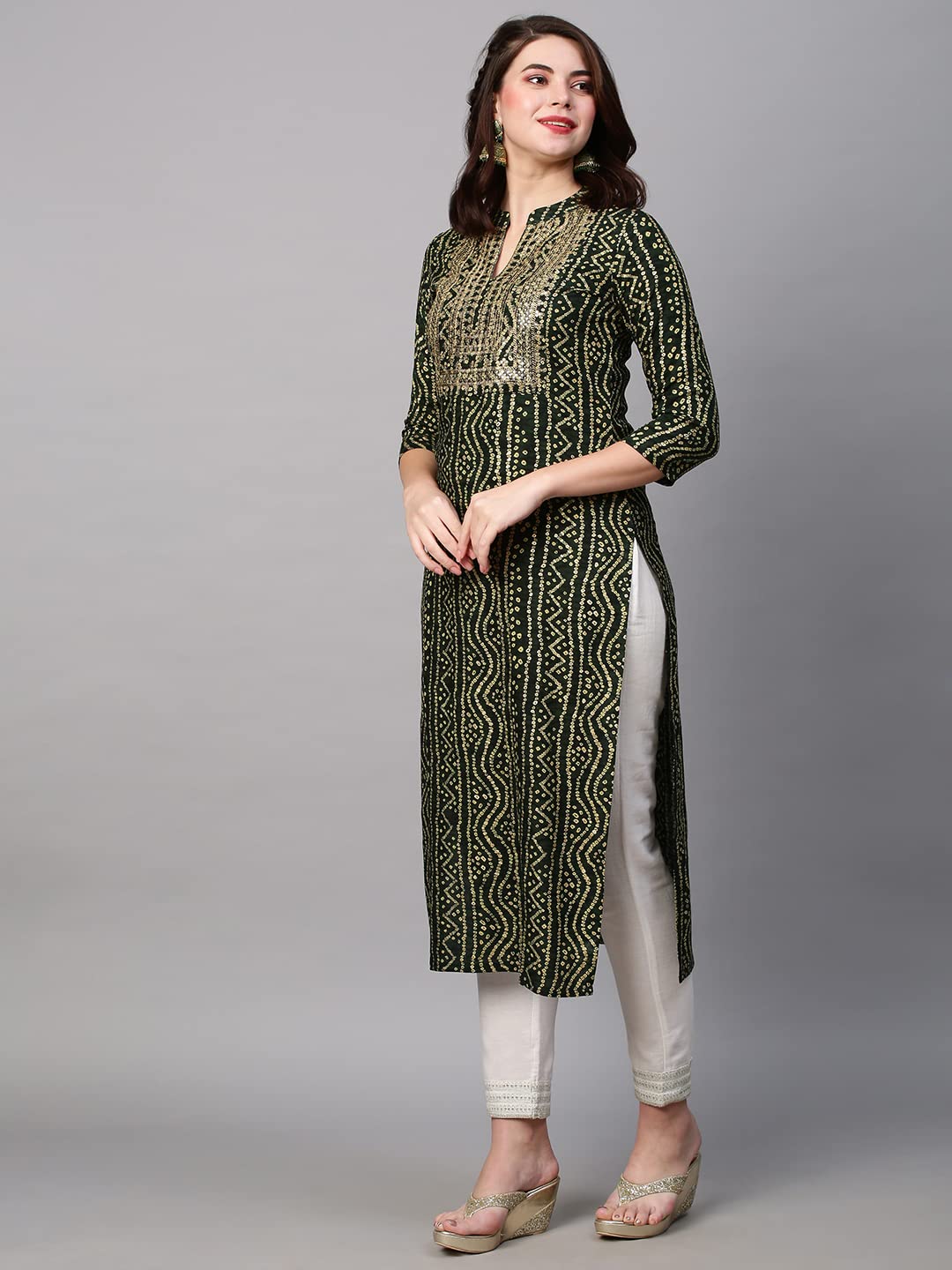 GoSriKi Women's Pure Cotton Rayon Bandhani Printed with Embroidered Straight Kurta (Rugari)