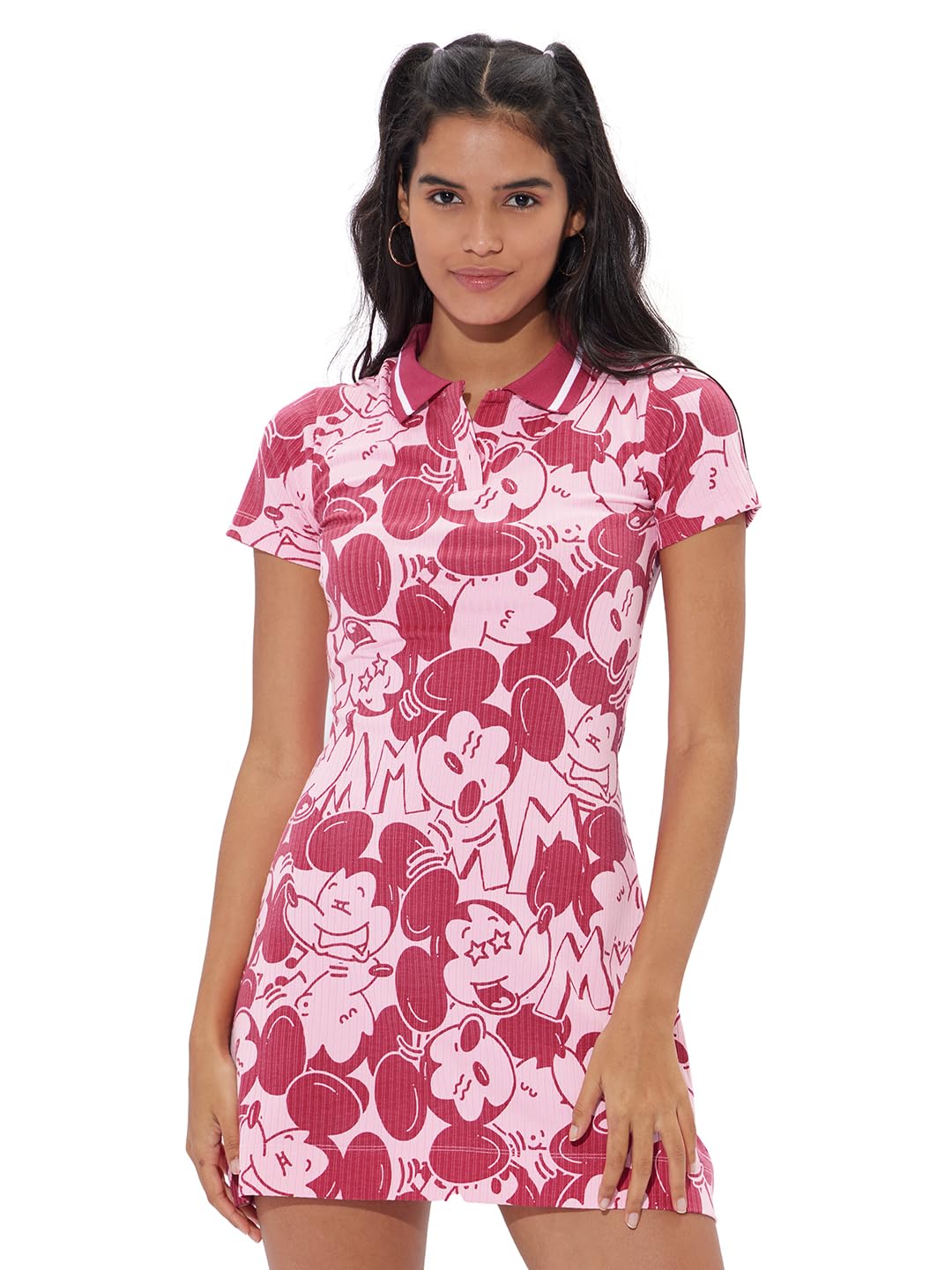 The Souled Store Official Mickey Mouse: Expressions Women And Girls Short Sleeves Collared Neck Ribbed Dresses Pink