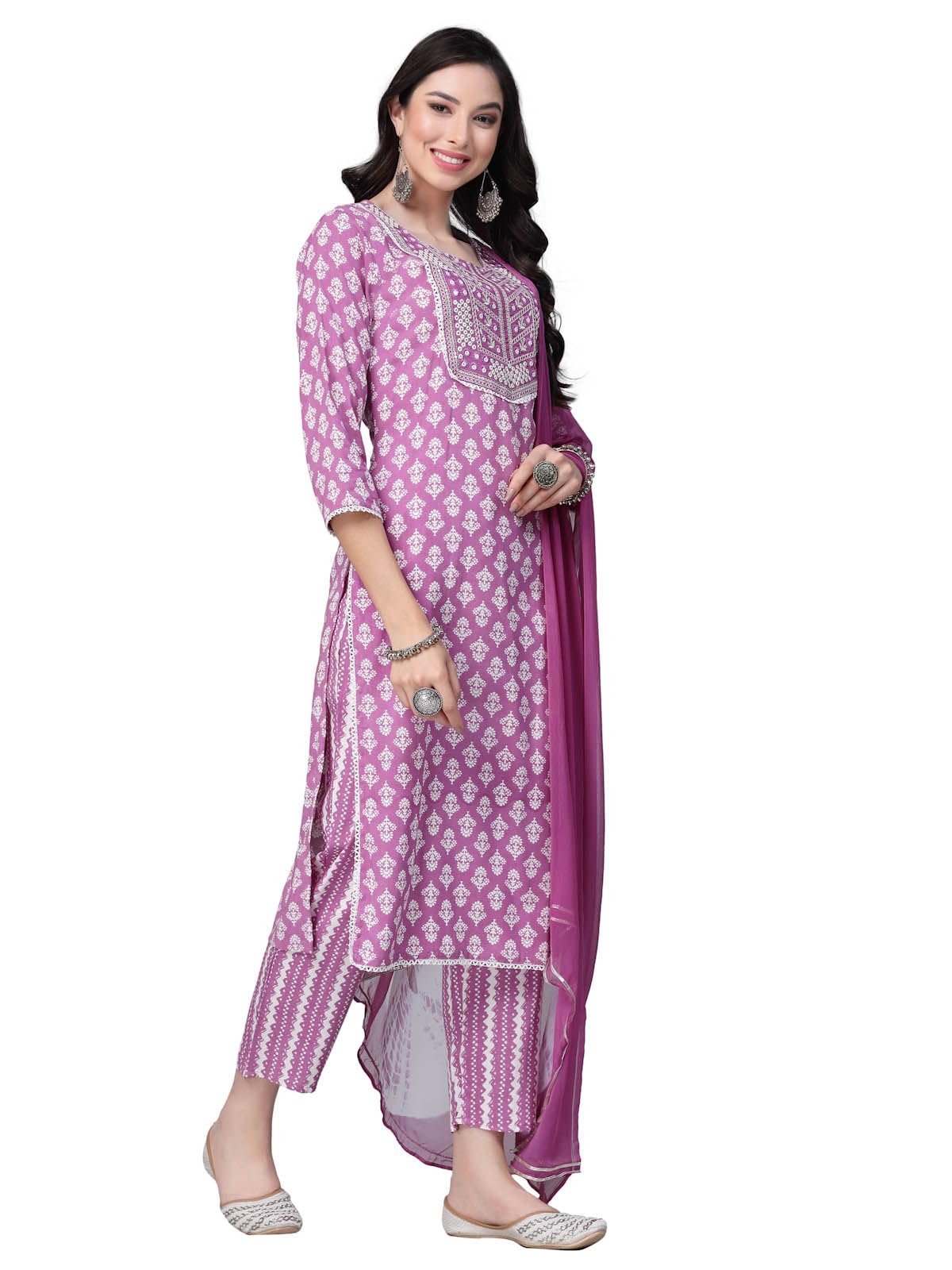 Stylum Women's Floral Printed Rayon Straight Kurta Pant with Dupatta Set