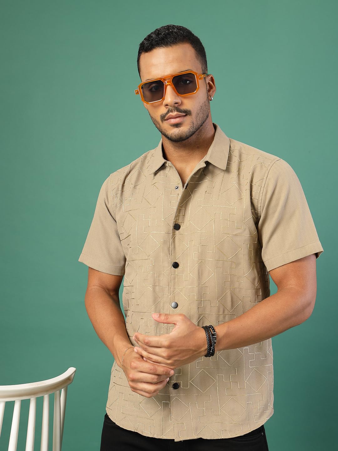 Rigo Linen Embroidery Regular Fit Shirt for Mens | Half Sleeve Shirt for Men | Summer Shirts for Men Beige