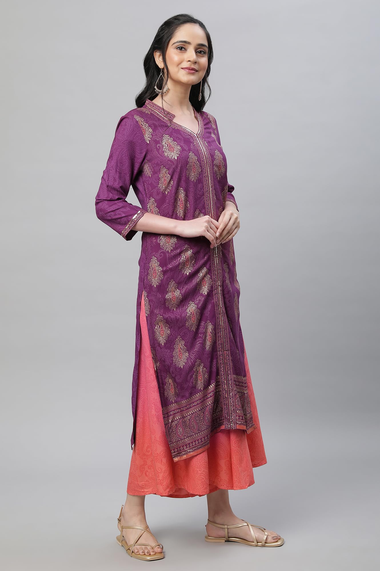 Aurelia Purple Festive Printed Kurta, Culottes & Dupatta Set