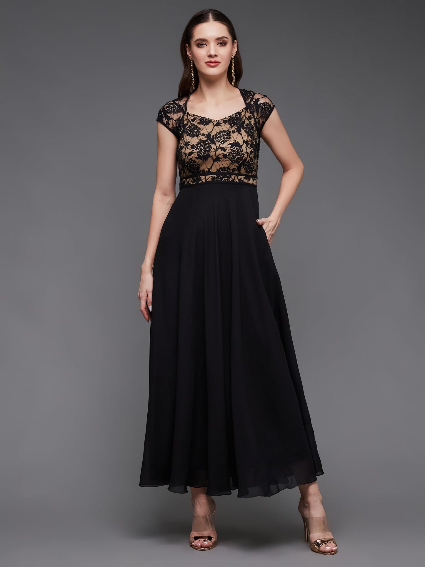 Miss Chase Women Floral V - Neck Cap Short Sleeves Lace Overlaid Fit & Flare With Pockets Paneled Maxi Dress (Mcss21D06-11-62-0