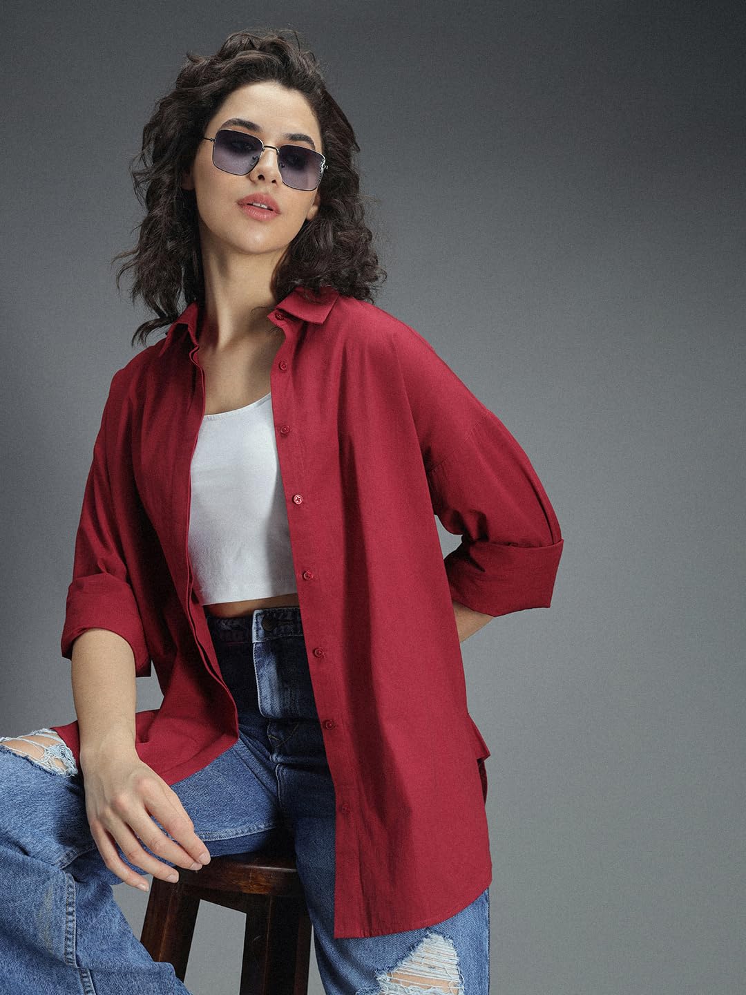 High Star WomenS Solid Oversized Fit Shirt (Hswshs2427_Rd_Red