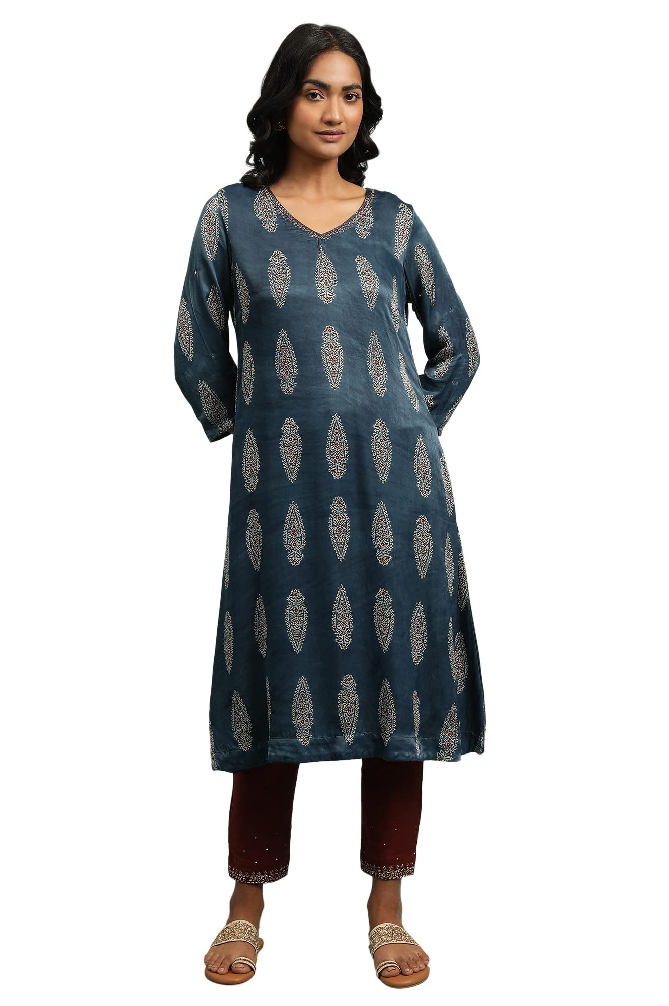 W for Woman Indigo AJRAKH Kurta in Lustrous Satin