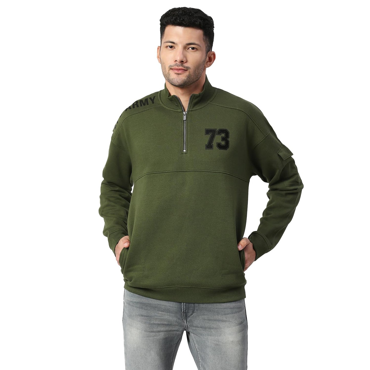 Pepe Jeans Mens Graphic Printed Cotton Blend Half-Zip Regular Sweatshirt, Olive,L