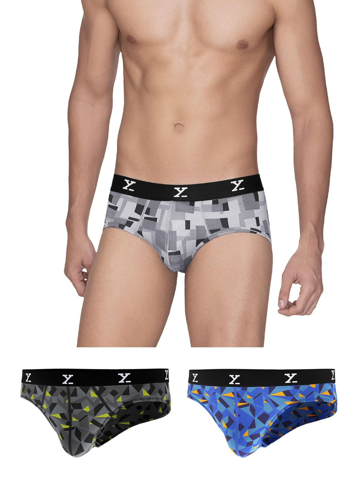 XYXX Mens Modal Slim Geometric Briefs (Pack of 3) (XY_R5_BRF_03_Boxy Blue + Prism Grey
