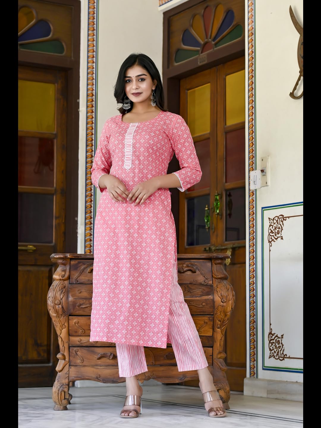 GoSriKi Women's Cotton Blend Straight Printed Kurta with Pant (Tai Pink-2NW-GS)