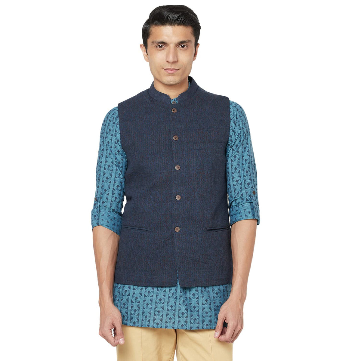 Fabindia Men Block Printed Nehru Jacket Cotton_Xs