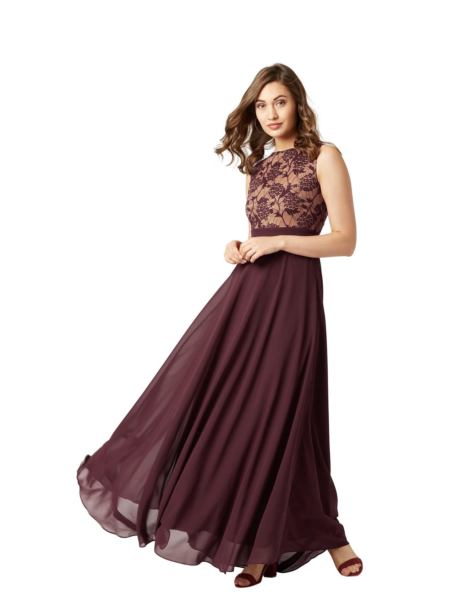 Miss Chase Womens Round Neck Sleeveless Georgette Floral Lace Fit & Flare Maxi Dress