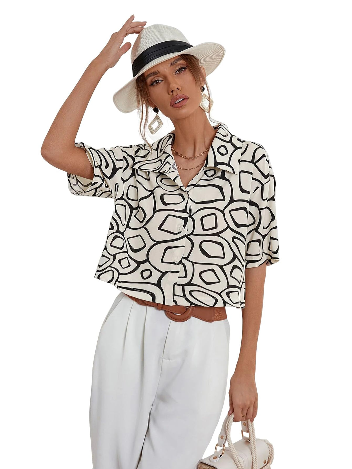 AVANOVA Womens & Girls Black White, Collared Neck, Half Sleeve Blouse Tops for Women/Tops, T-Shirts for Girls (Top 91 Black Wh