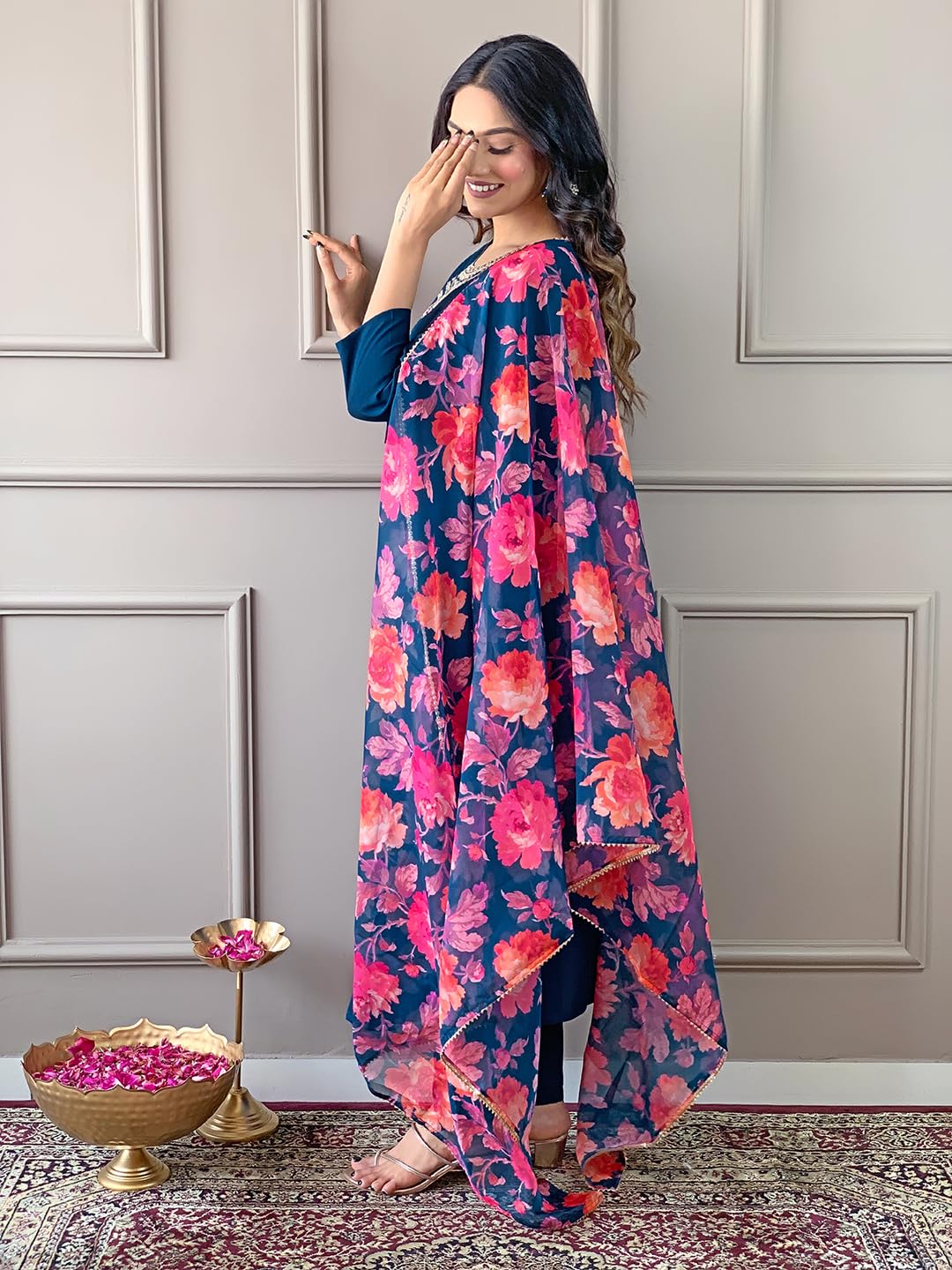 Naixa Womens Petrol Rayon Blend Embroidered and Printed Straight Kurta with Rayon Blend Pant and Organza Printed Dupatta Sets (