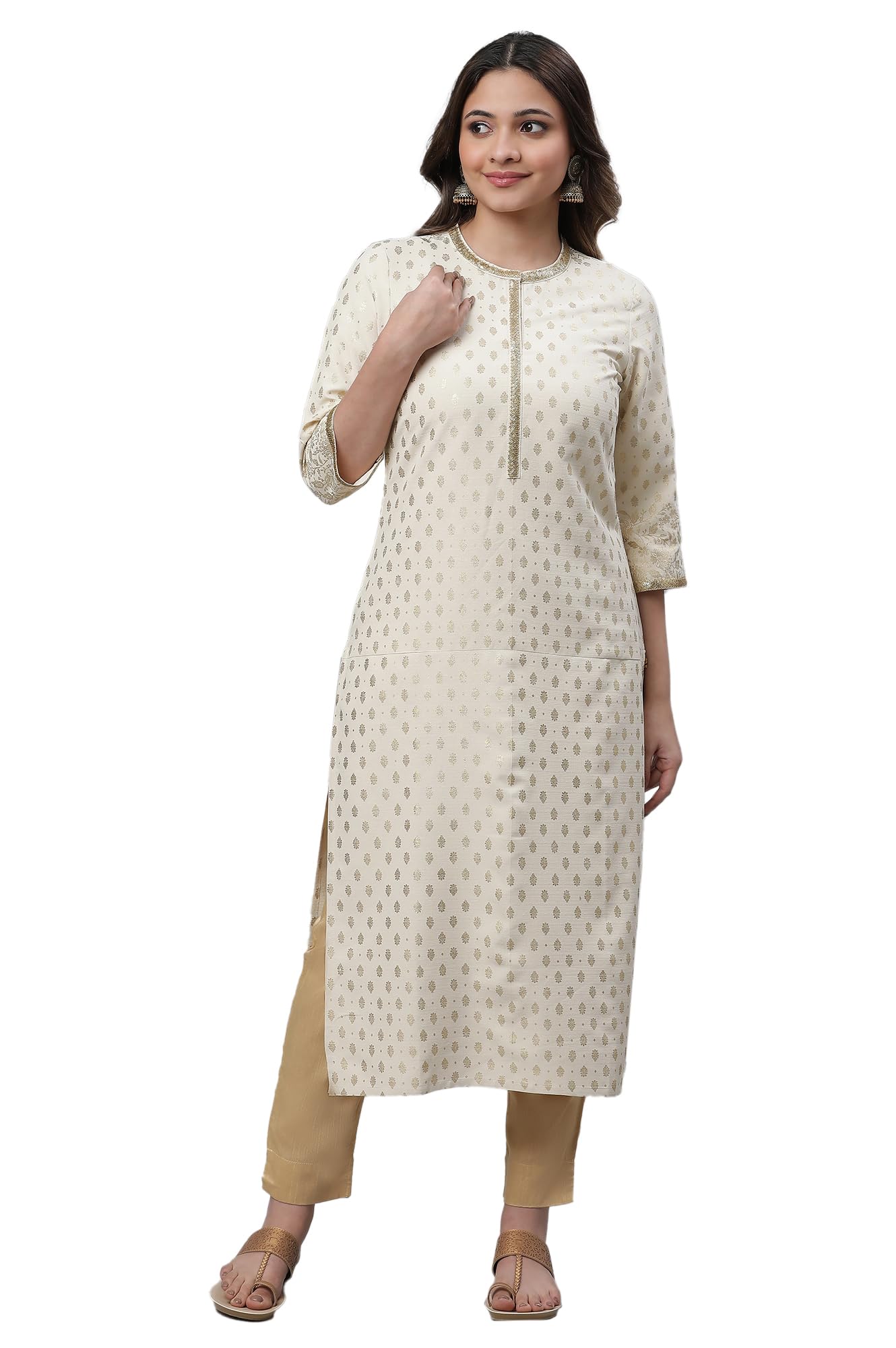 Aurelia Beige Foil Pattern Rayon Blend Regular Kurta