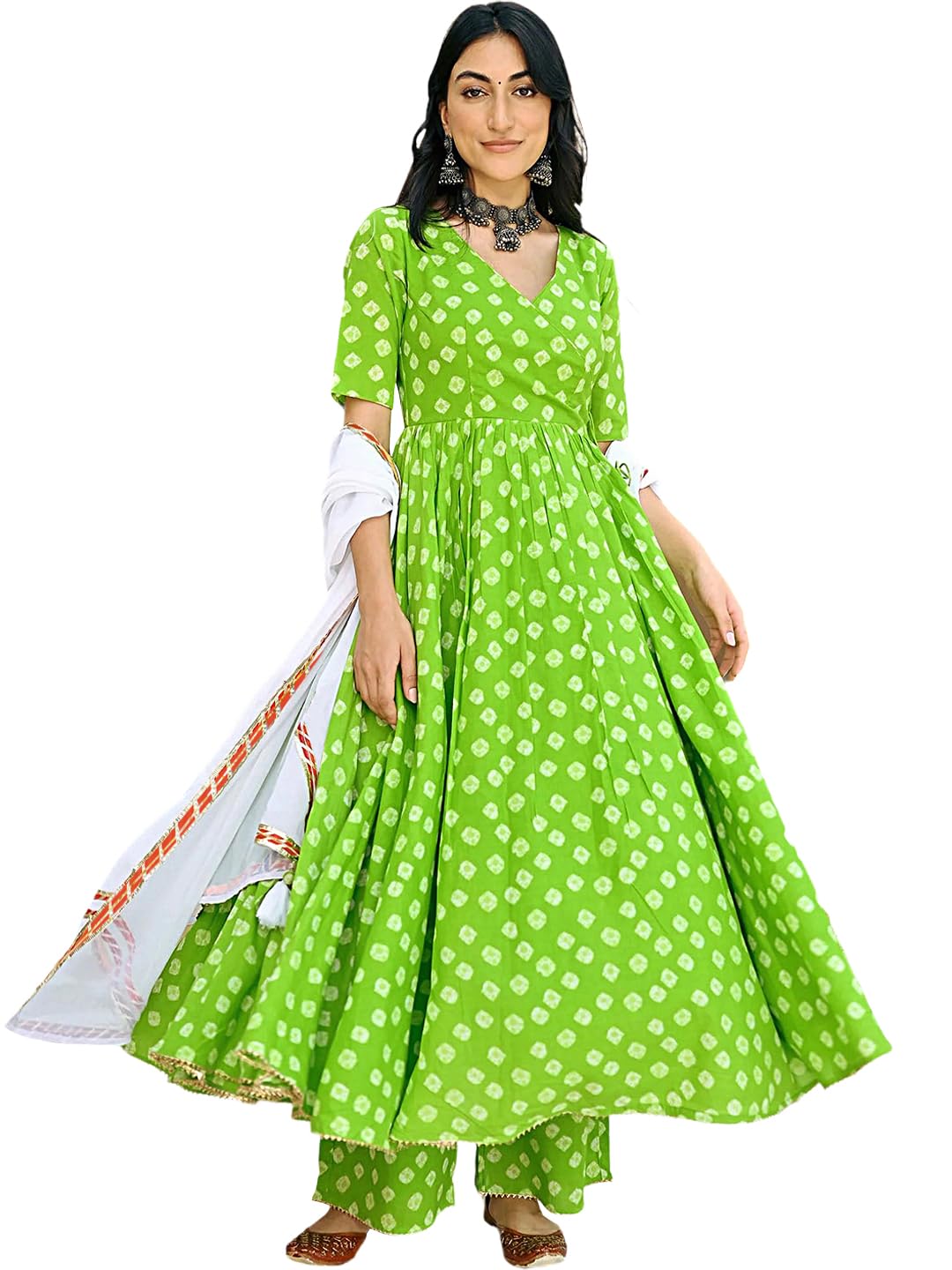 Pinkmint Womens Muslin Anarkali Angarkha Kurta & Straight Pant with Dupatta l Ethnic Three-Piece Suit Green