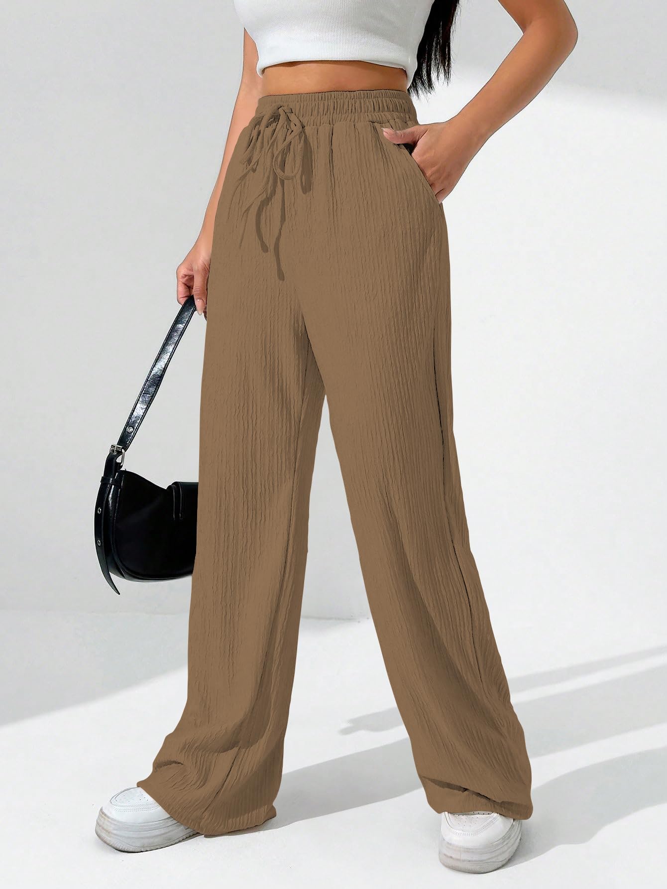Sugathari Womens Brown Loose Wide-Leg Pants with Textured Wrinkled Fabric and Drawstring Waist Long Trousers (Trouser 157 Brown