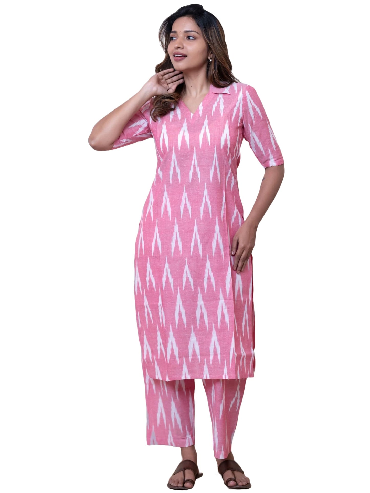 Gosriki WomenS Rayon Viscose Straight Ikkat Printed Kurta With Pant (Demeter Pink-Vks01-Gs_L_Pink_Large)
