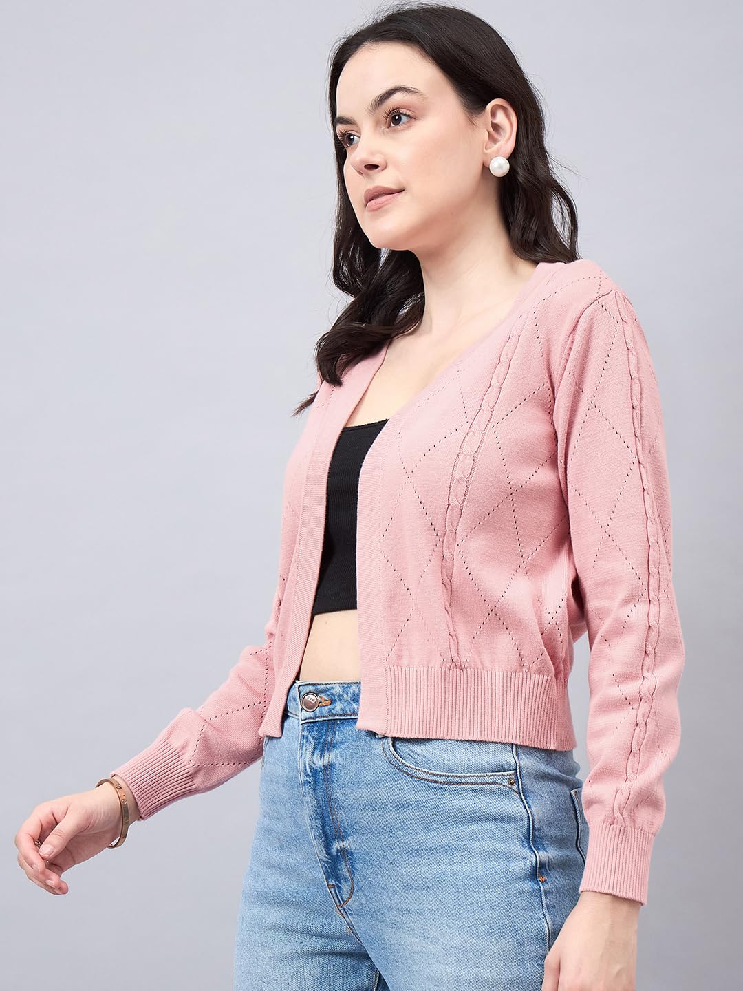 Style Quotient Women Self Design Nude Flat Knit Smart Casual Shrug