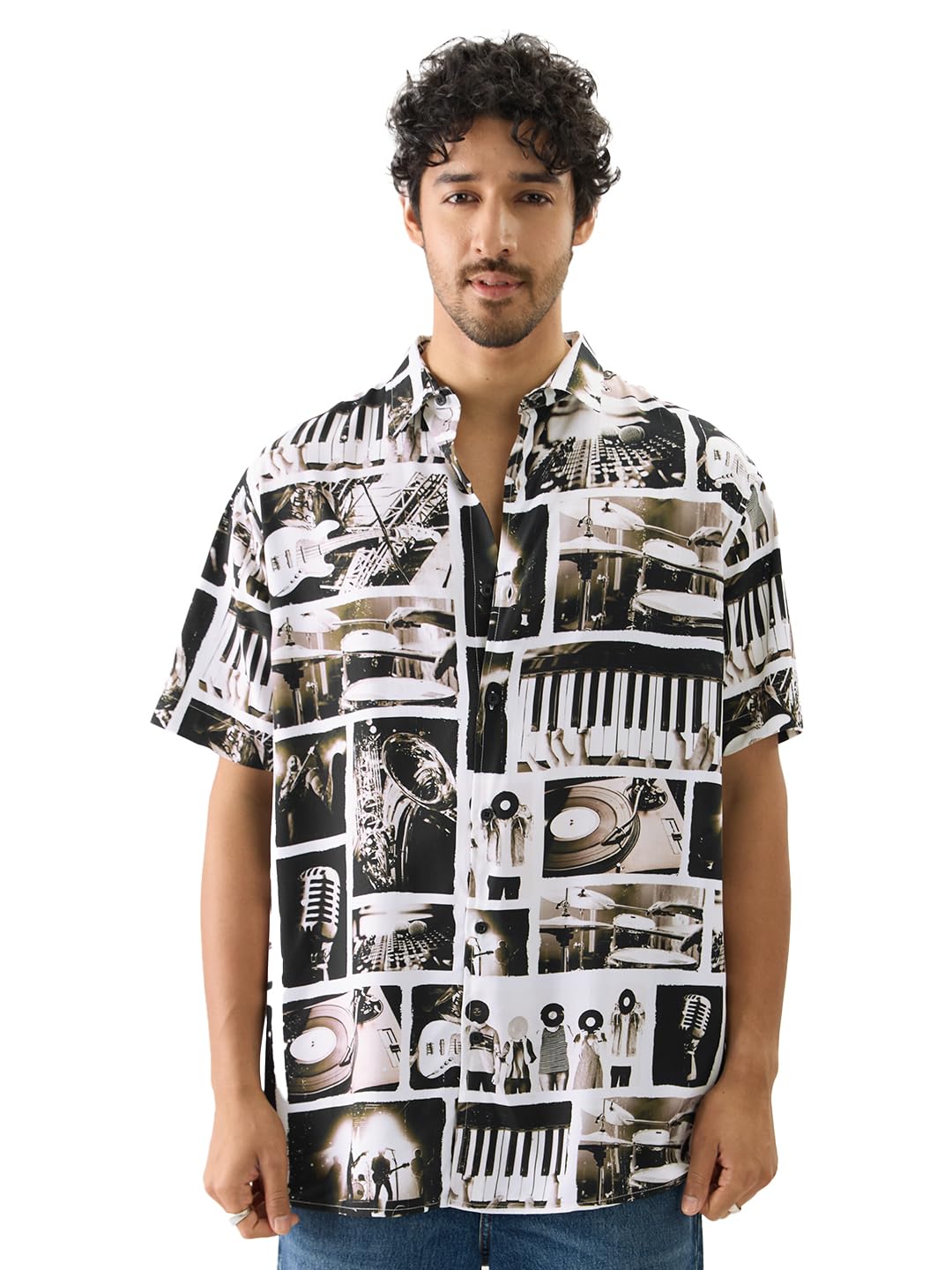 The Souled Store On Beat Men and Boys Short Sleeve Collared Neck Buttoned Front Multicolor All Over Printed Polyester Blend Over