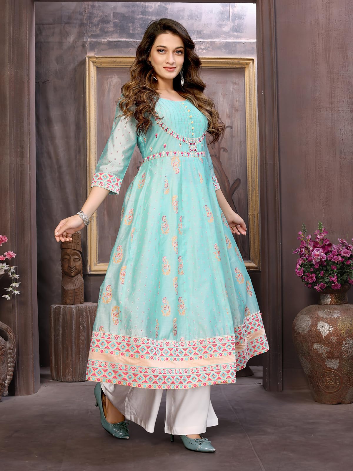 rangita Turquoise Chanderi Anarkali Embroidered Calf Length Kurti | Kurta for Women