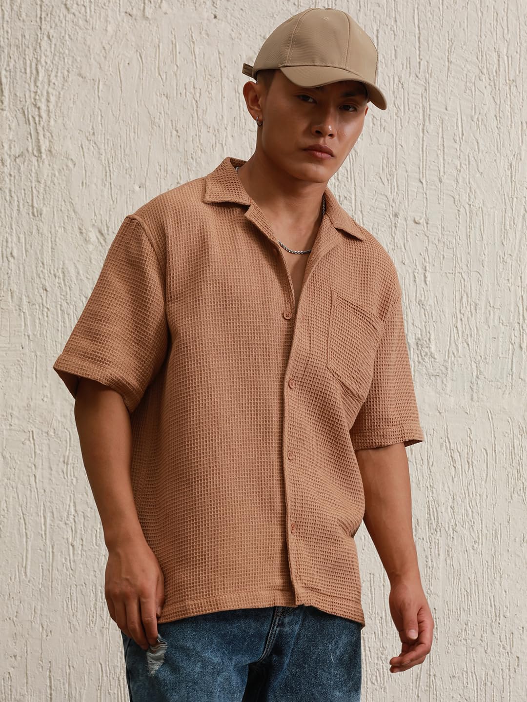 Hubberholme Brown Cotton Spread Collar Short Sleeves Solid Oversized Shirts