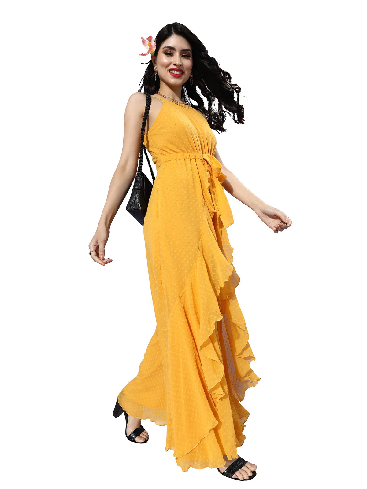 Miss Chase WomenS Mustard-Yellow Halter Neck Sleeveless Solid Ruffled Regular Jumpsuit (Mcaw21D04-95-183-03, Mustard-Yellow, S)