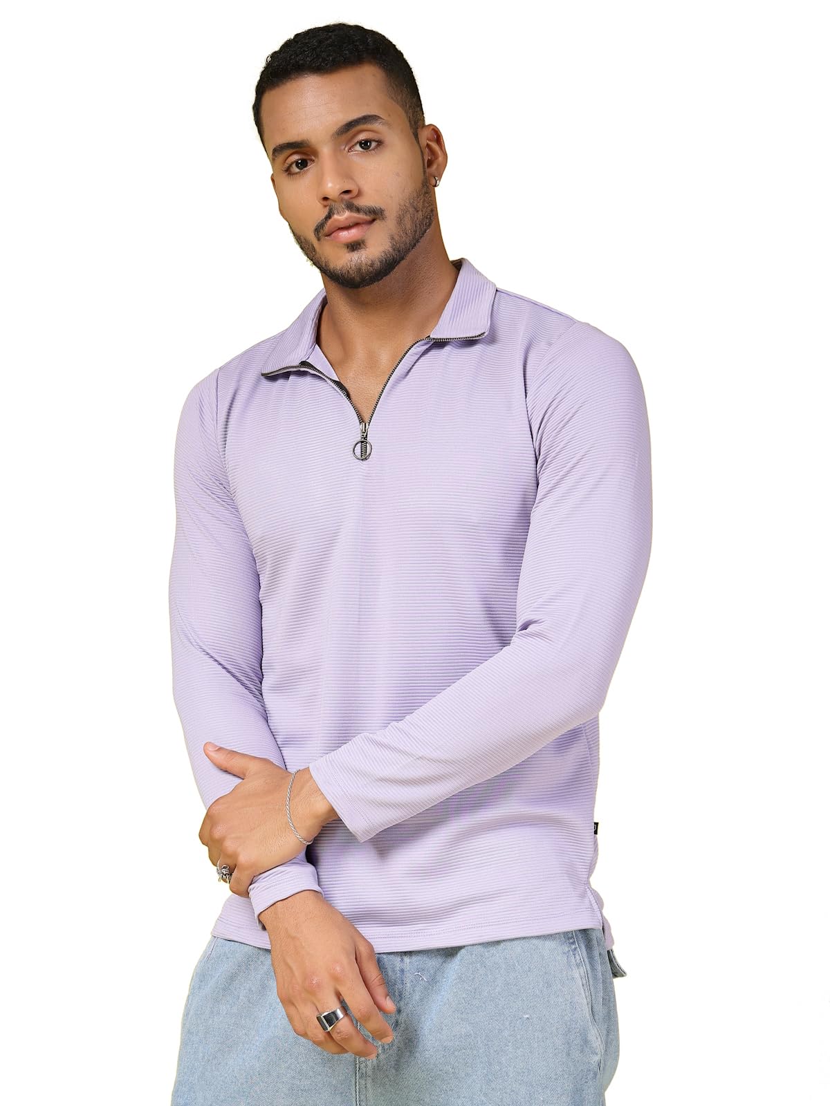 Rigo Polyester T-Shirt for Men | High Neck, Slim Fit T-Shirt for Men | Solid Casual T-Shirts Light Purple