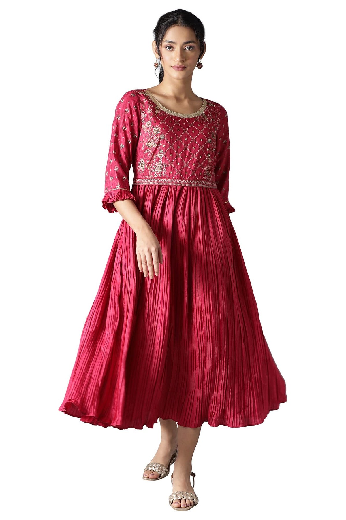 Aurelia WomenS Polyester Fit And Flare Knee-Length Casual Dress (22Fea13377-505394_Pink