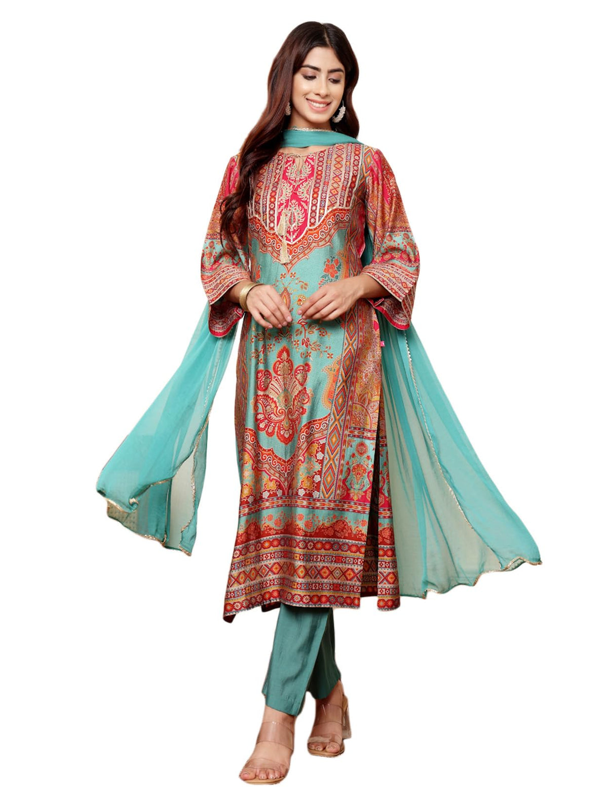 Varanga Women Turkish Ethnic Printed Zari & Gota Lace Detailed Kurta With Solid Trouser & Dupatta Elegant Ethnic Set