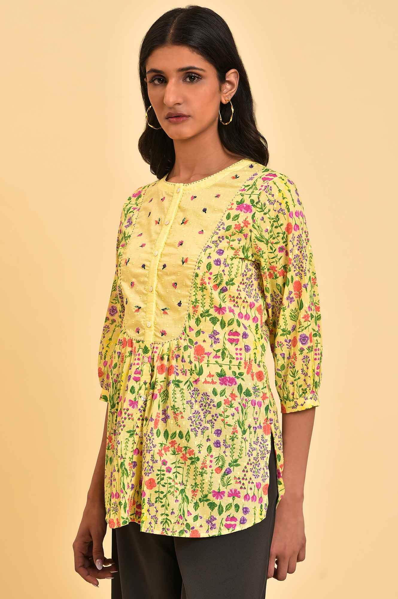 W For Woman Yellow Cotton Floral Printed Tunic Top With Thread Embroidery